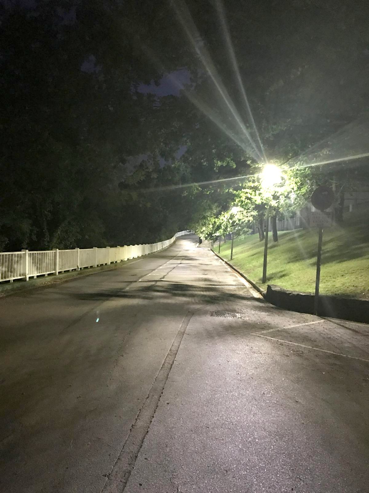 The access road at night, with the white fence on the left and the street lights along the slope under the trees
