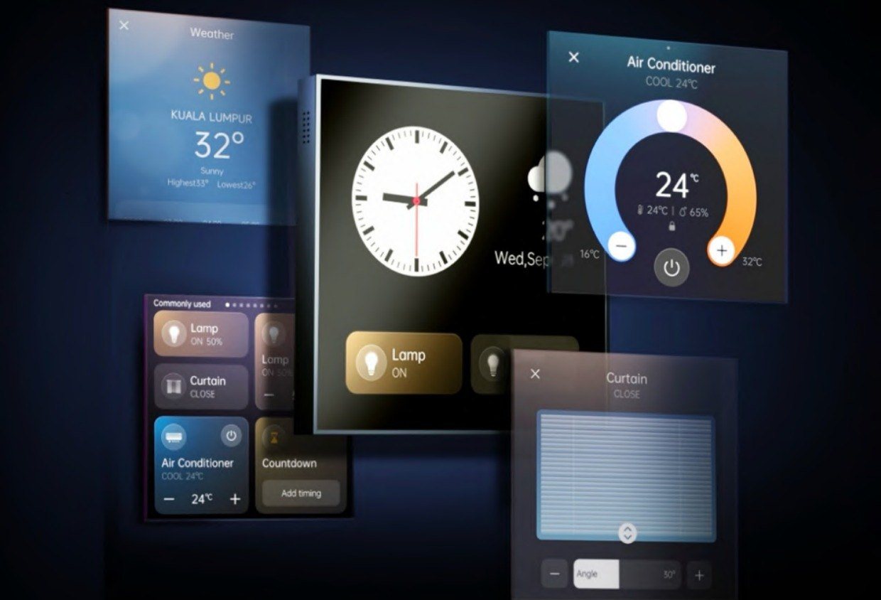 Pantallas del MixPad M5 con clima, luz y cortinas
