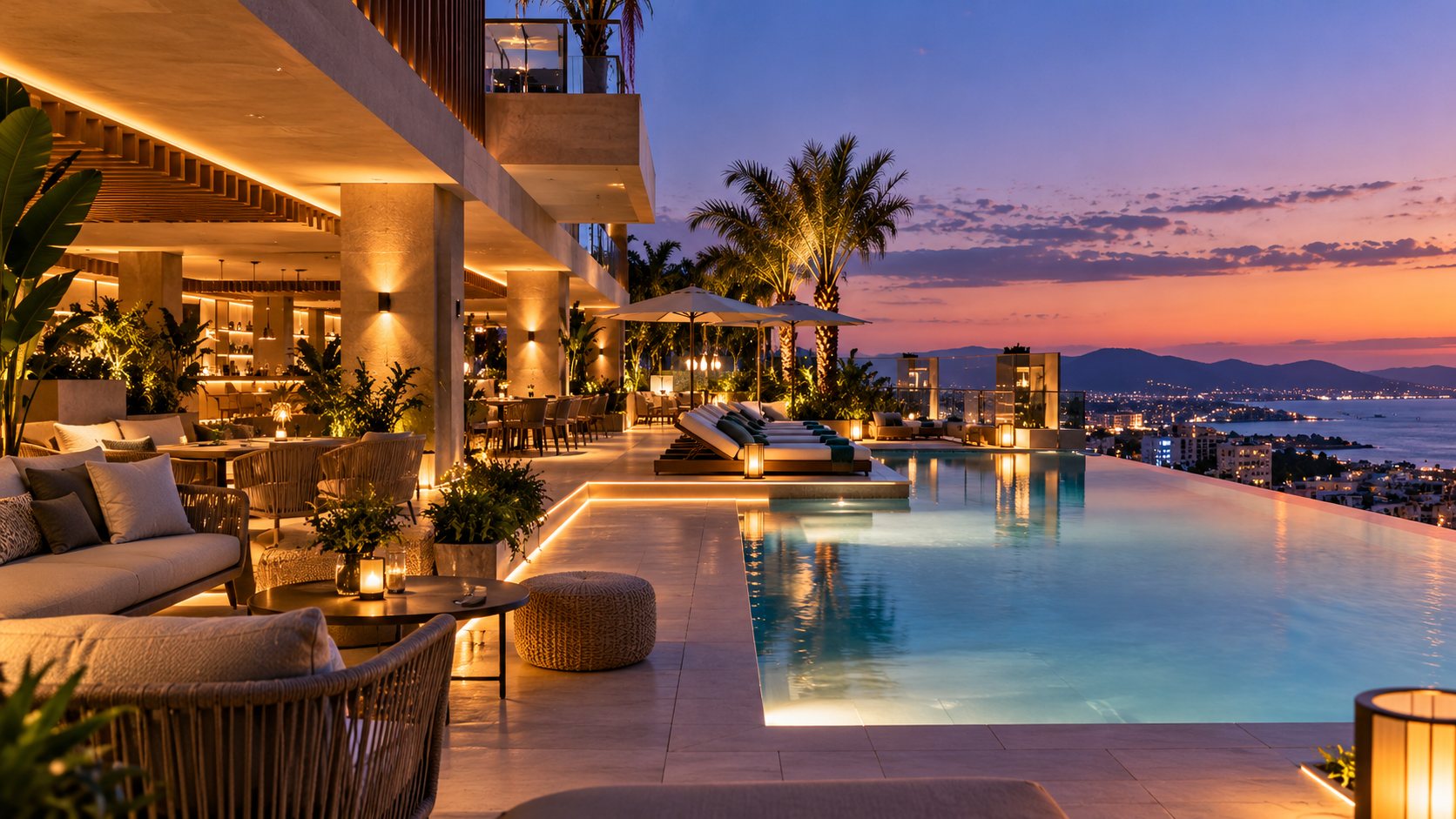 Terraza de hotel con iluminación cálida frente al mar