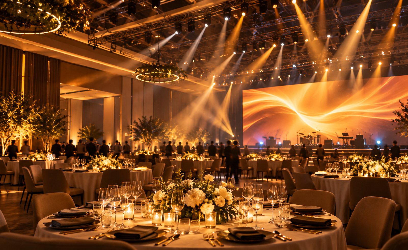 Salón de gala con cabezas móviles y pantalla LED sobre el escenario