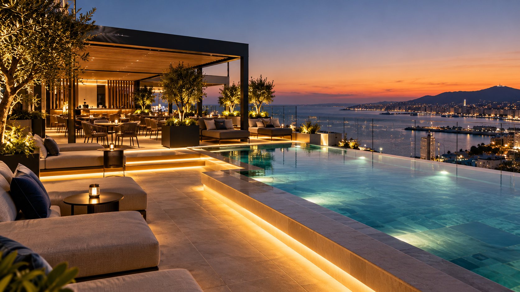 Hotel terrace lit at sunset