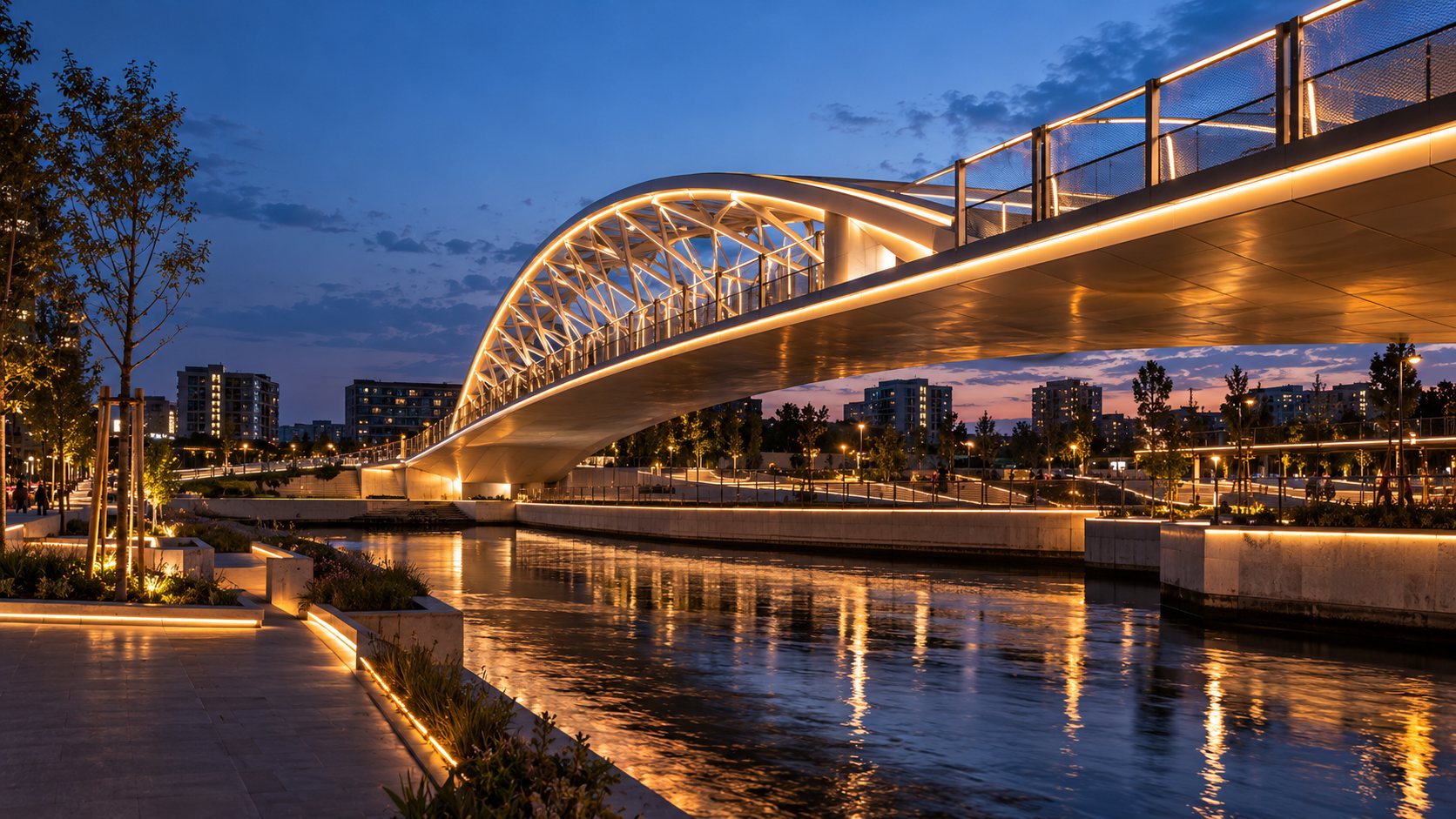 Bridge lit with warm light over a river at dusk