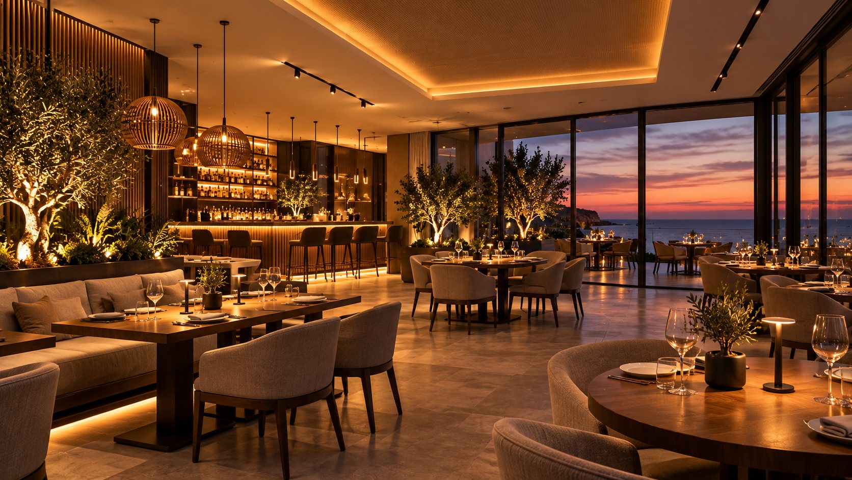 Restaurant dining room with warm light over the tables