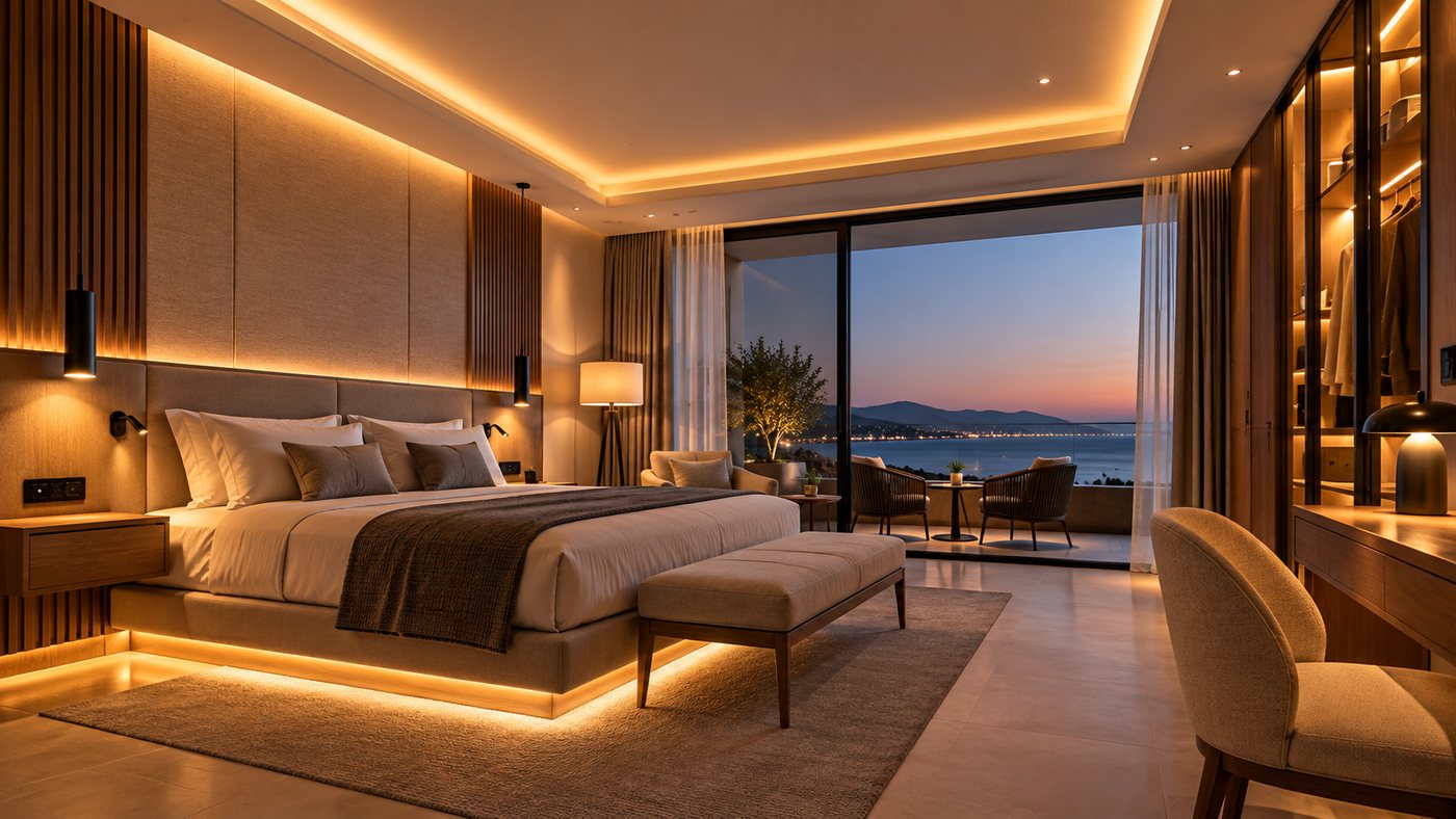 Habitación de hotel con luz de lectura y cabecero iluminado