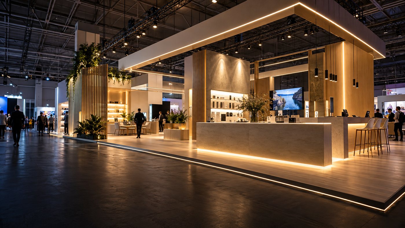 Stand de feria iluminado con televisor