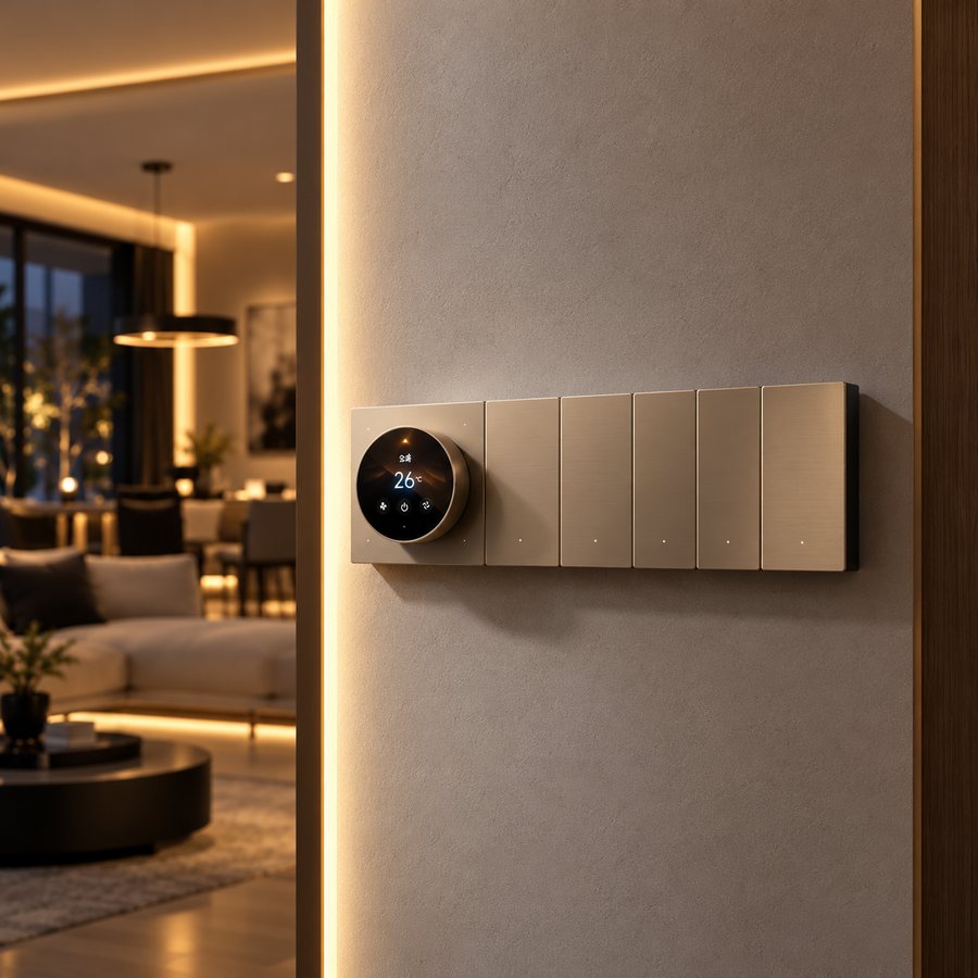 Wall panel with screen and buttons in a living room