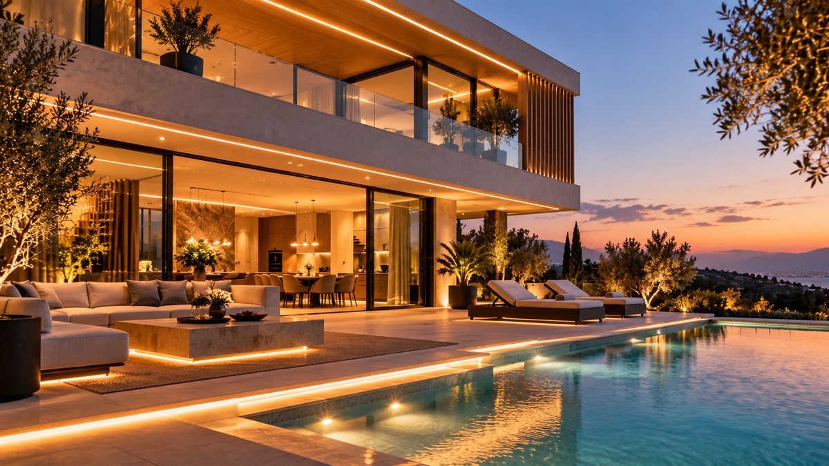 Home lit at night with lighting scenes