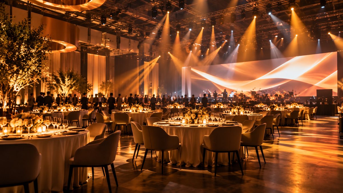 Cena de gala en un gran salón con luz cálida