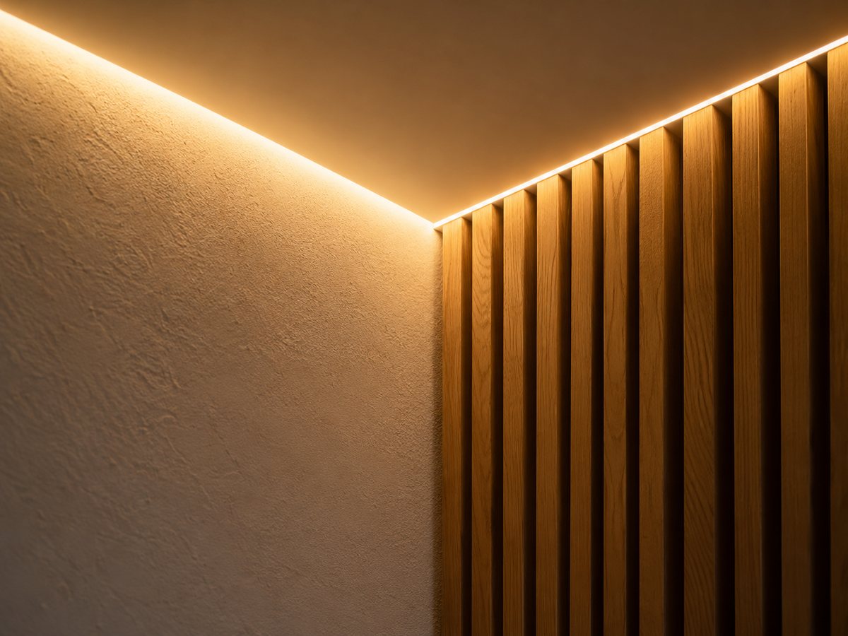 Detail of an LED light line recessed into the wall