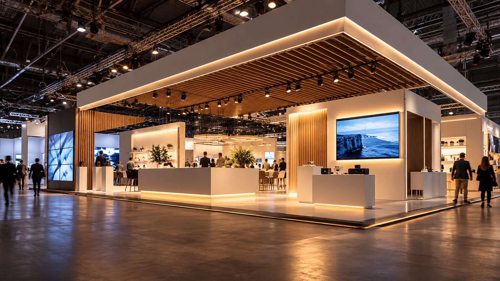 Stand lit from the upper structure with spotlights