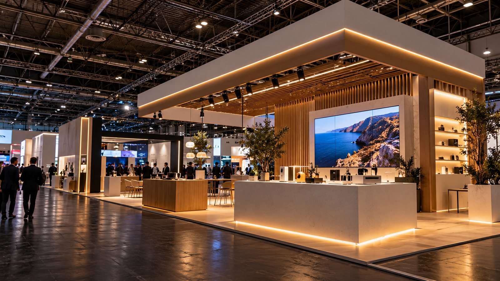 Finished trade fair stand with an illuminated counter